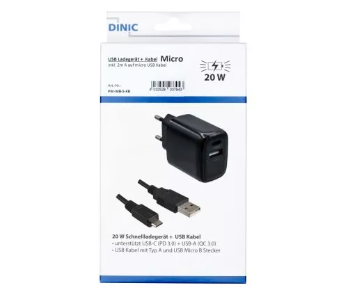 Adattatore di ricarica USB PD/QC 3.0 con cavo micro USB da 2 m 20W, 3,6V~5,9V/3A; 6~9V/2A; 9V~12V/1,5A